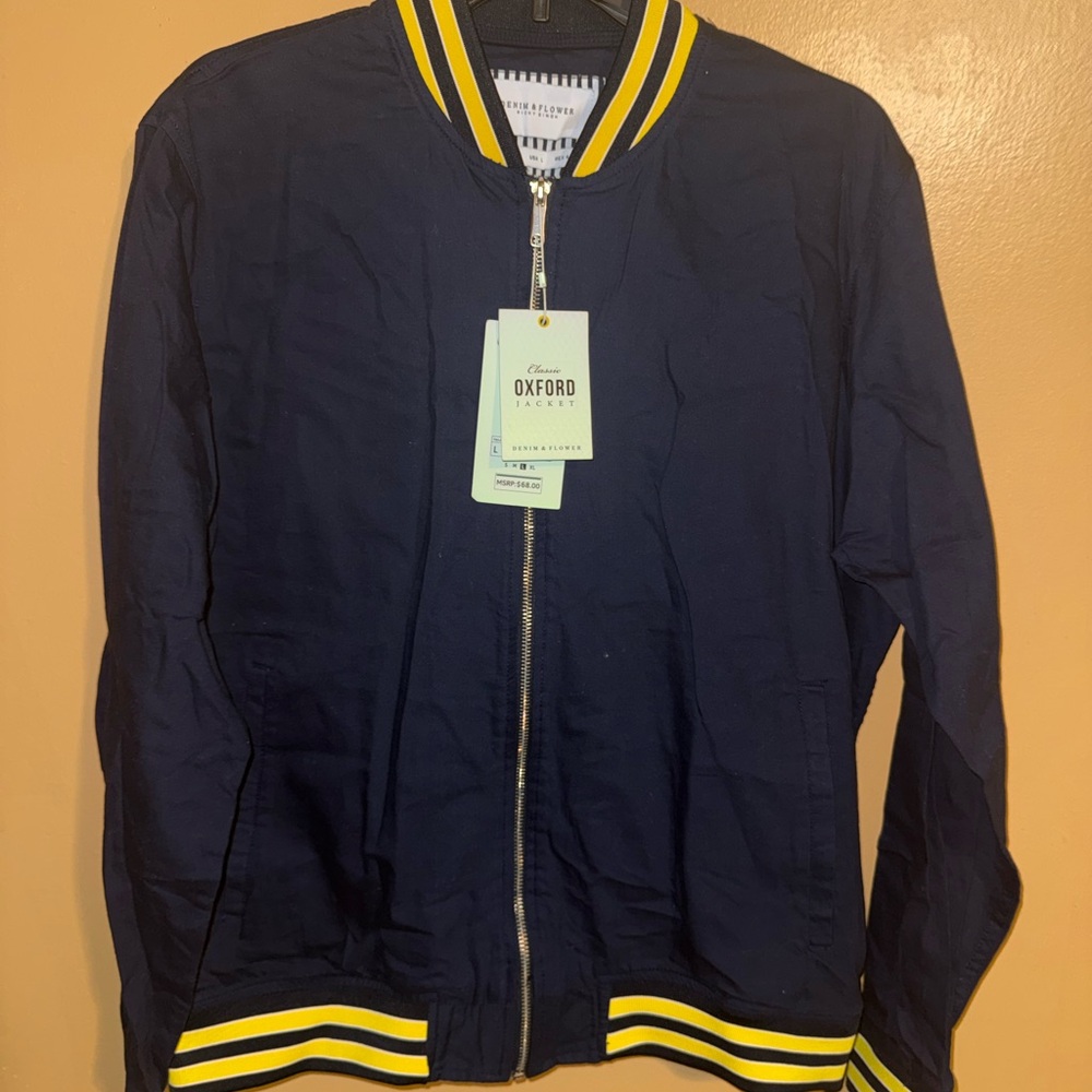 Denim & Flower Navy Oxford Bomber Jacket with Yellow Trim #uofm